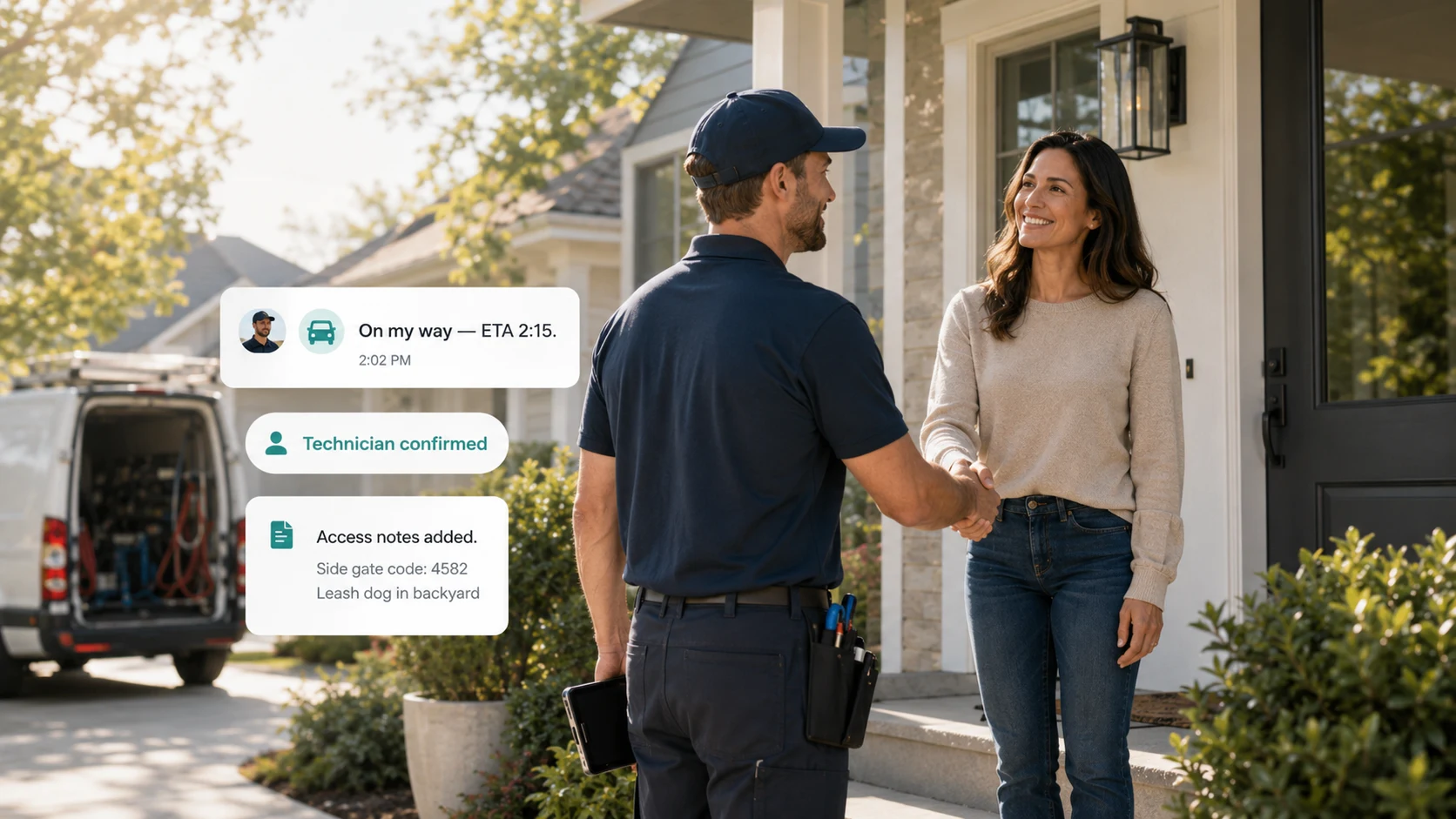Service technician arriving for an appointment while the homeowner receives an ETA update