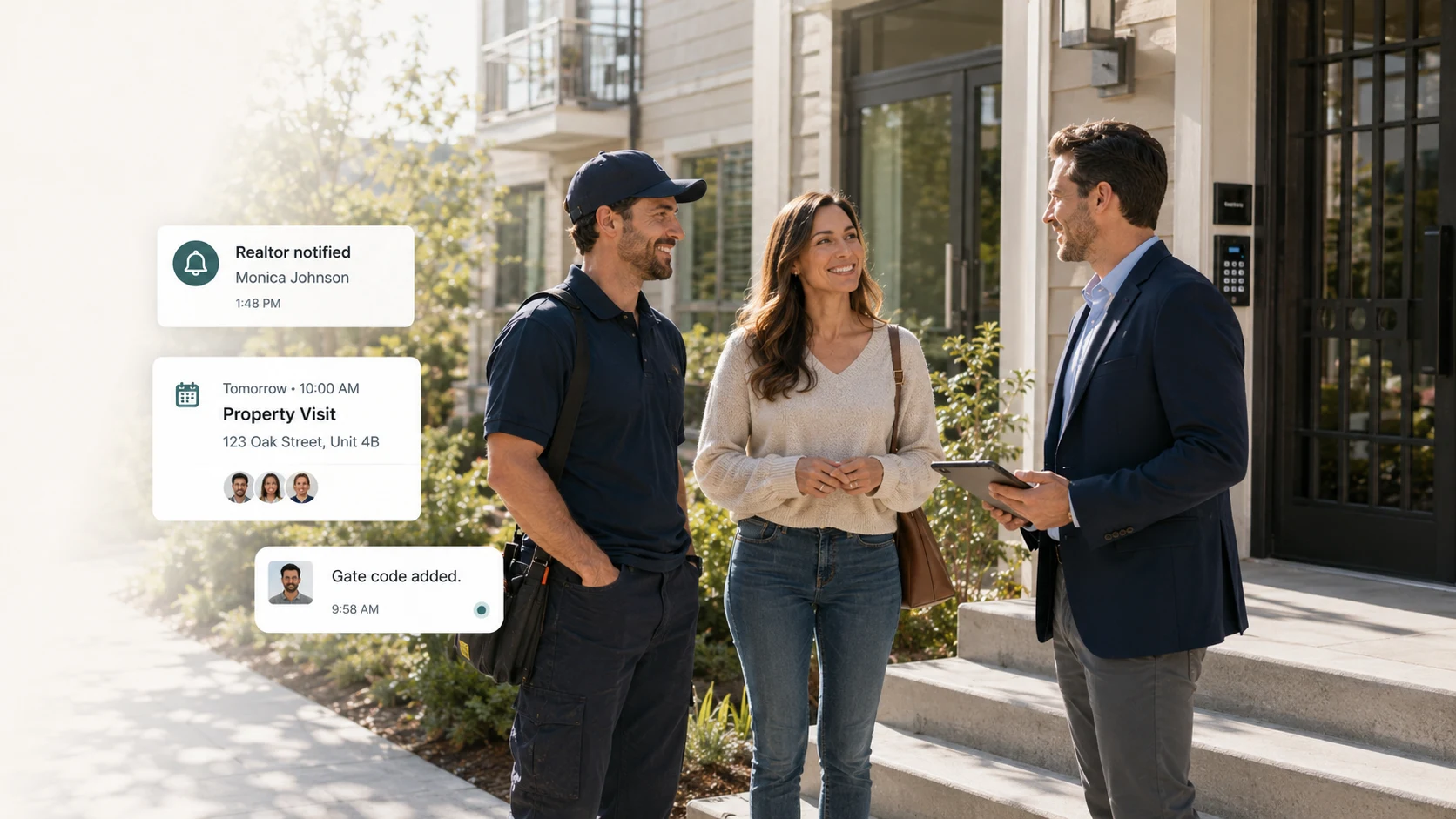 Property appointment handoff with realtor notification and access notes