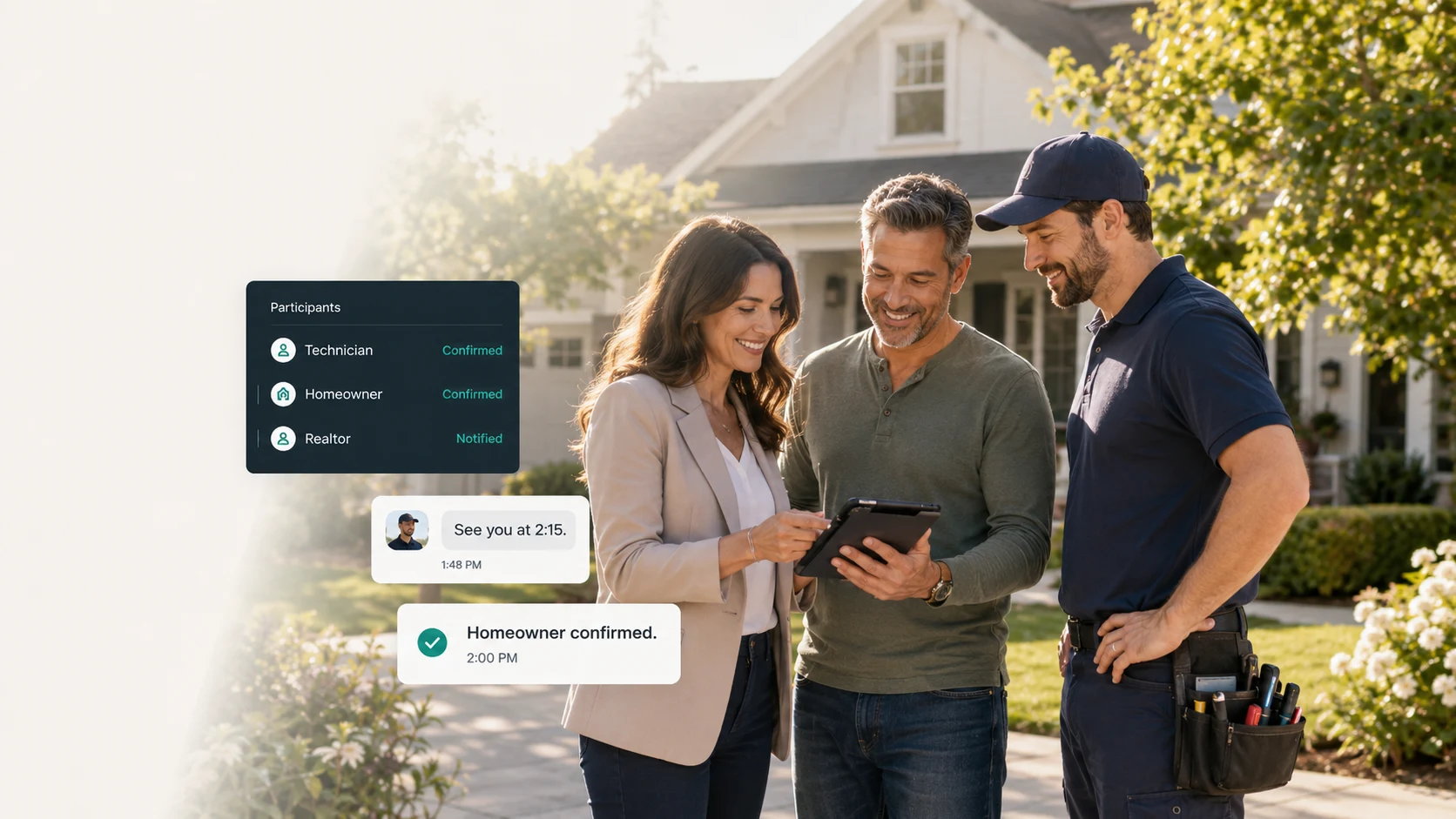 Realtor, contractor, and homeowner coordinating outside a home